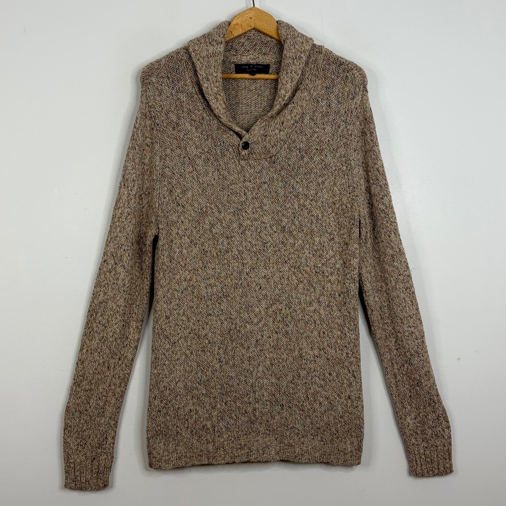 Rag & Bone Sweater Womens XL Cotton Silk Beige Pink Blue Fleck Shawl Collar